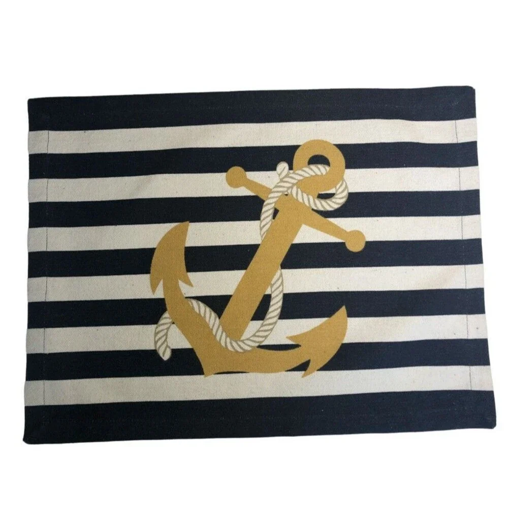 Anchor Nautical Placemats Navy White Stripes Set of 4 Beach Summer Machine Wash